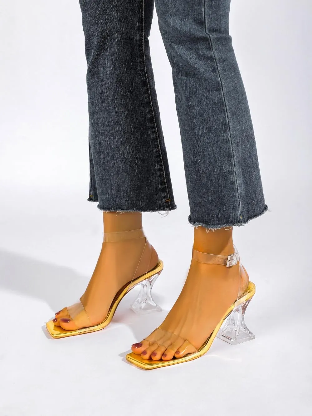 Sexy Open Square Toe Clear Ankle Strap Block Low Heeled wool Babylonian Sandals Clear Heels for Women Chunky Heel 