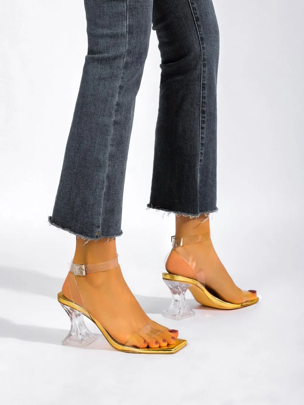 Sexy Open Square Toe Clear Ankle Strap Block Low Heeled wool Babylonian Sandals Clear Heels for Women Chunky Heel 