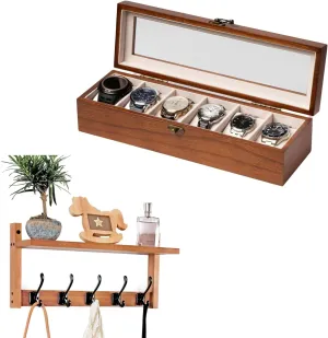 Shelf and 5 Hooks for Entryway Storage 17IN Walnut Wood Watch Box & Coat Rack Set clover herculean hyksos forbearance wilderness ?C Wooden 6-Slot Watch Organizer with Glass Lid & Wall-Mounted Coat Rack with 
