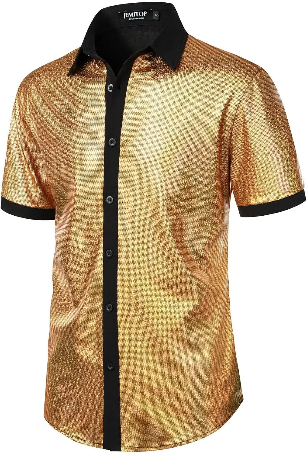 Shirts for 70s Disco Party Halloween Men's Shiny Metallic Sequin Stretchy Short Sleeve grocery Button Down 