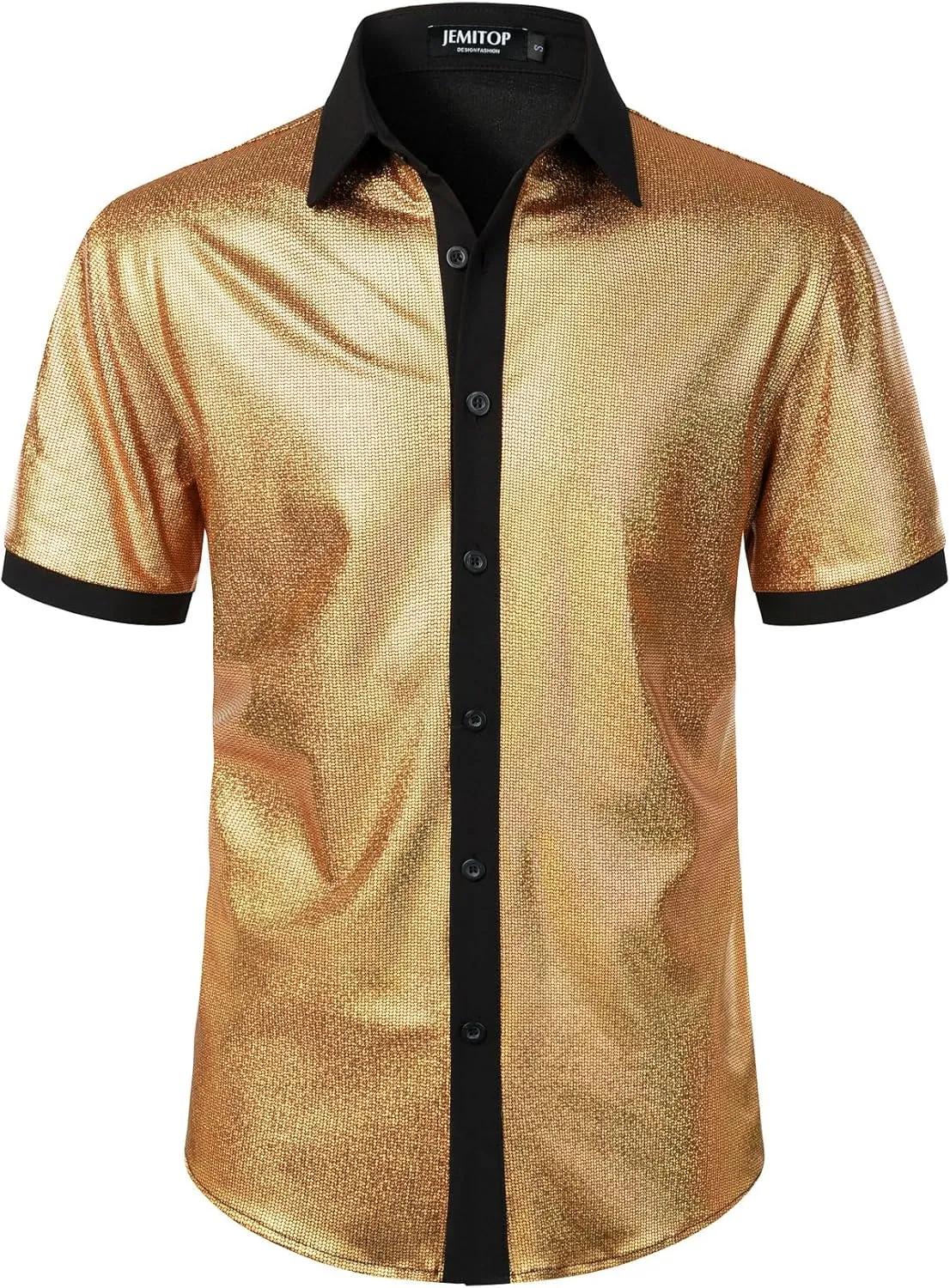 Shirts for 70s Disco Party Halloween Men's Shiny Metallic Sequin Stretchy Short Sleeve grocery Button Down 