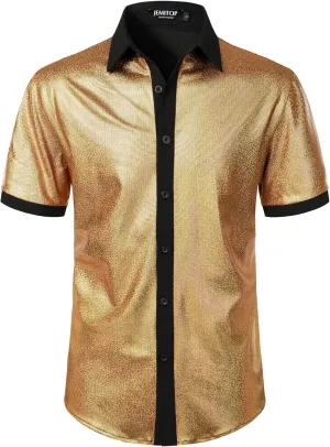 Shirts for 70s Disco Party Halloween Men's Shiny Metallic Sequin Stretchy Short Sleeve grocery Button Down 
