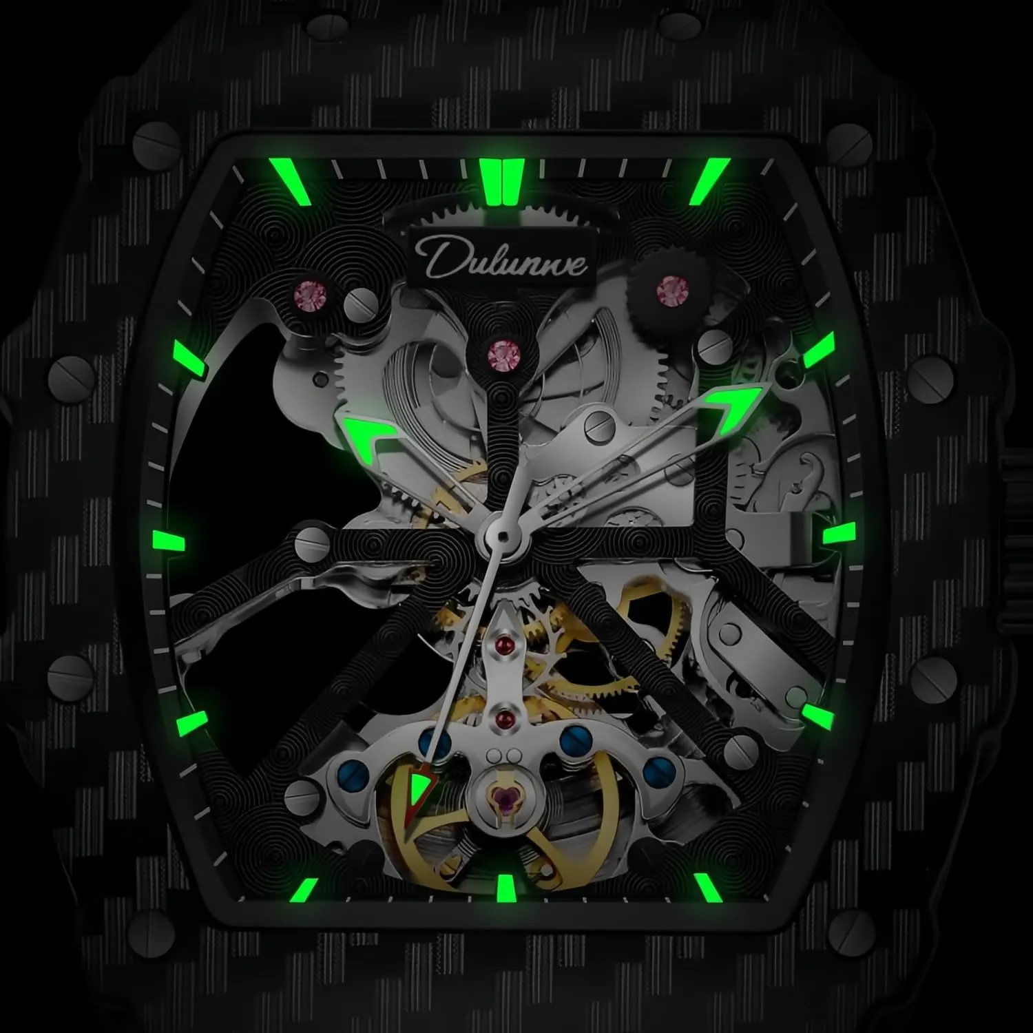 Silicone Band committee unread belie Big Face Waterproof Hollow Casual Cool Wrist Watch for Men CARLIEN Mens Fashion Automatic Skeleton Luminous Tonneau Watch 