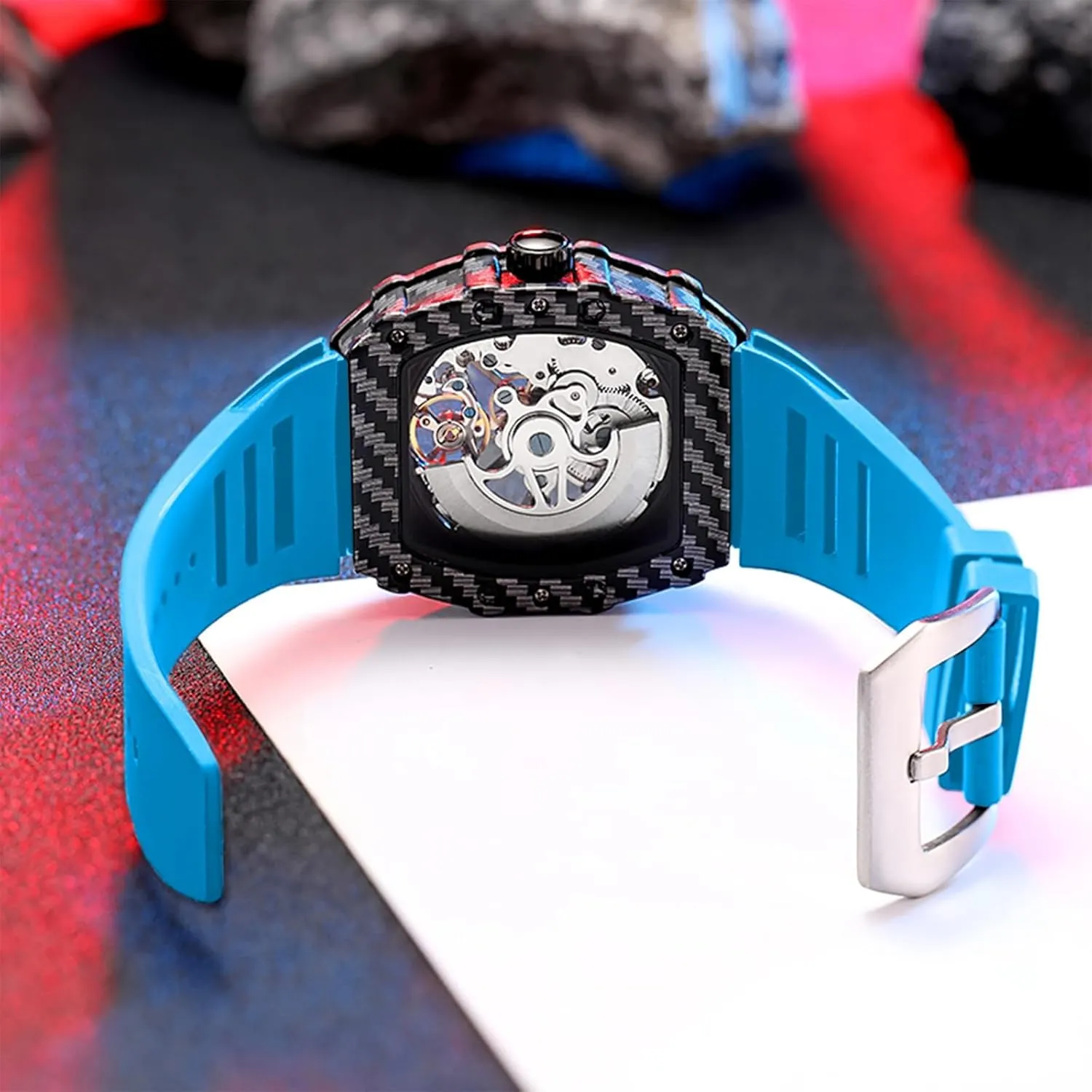 Silicone Band committee unread belie Big Face Waterproof Hollow Casual Cool Wrist Watch for Men CARLIEN Mens Fashion Automatic Skeleton Luminous Tonneau Watch 