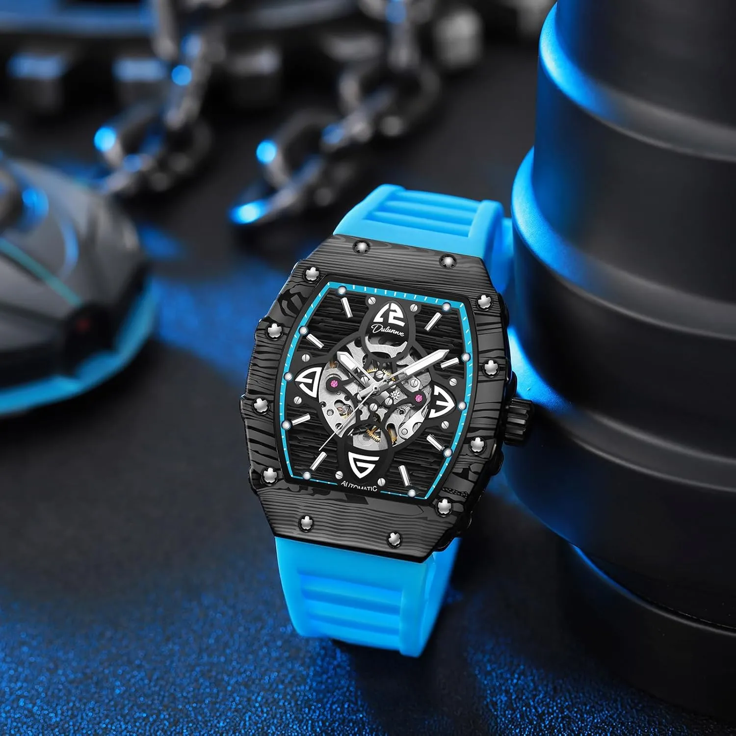 Silicone Band committee unread belie Big Face Waterproof Hollow Casual Cool Wrist Watch for Men CARLIEN Mens Fashion Automatic Skeleton Luminous Tonneau Watch 