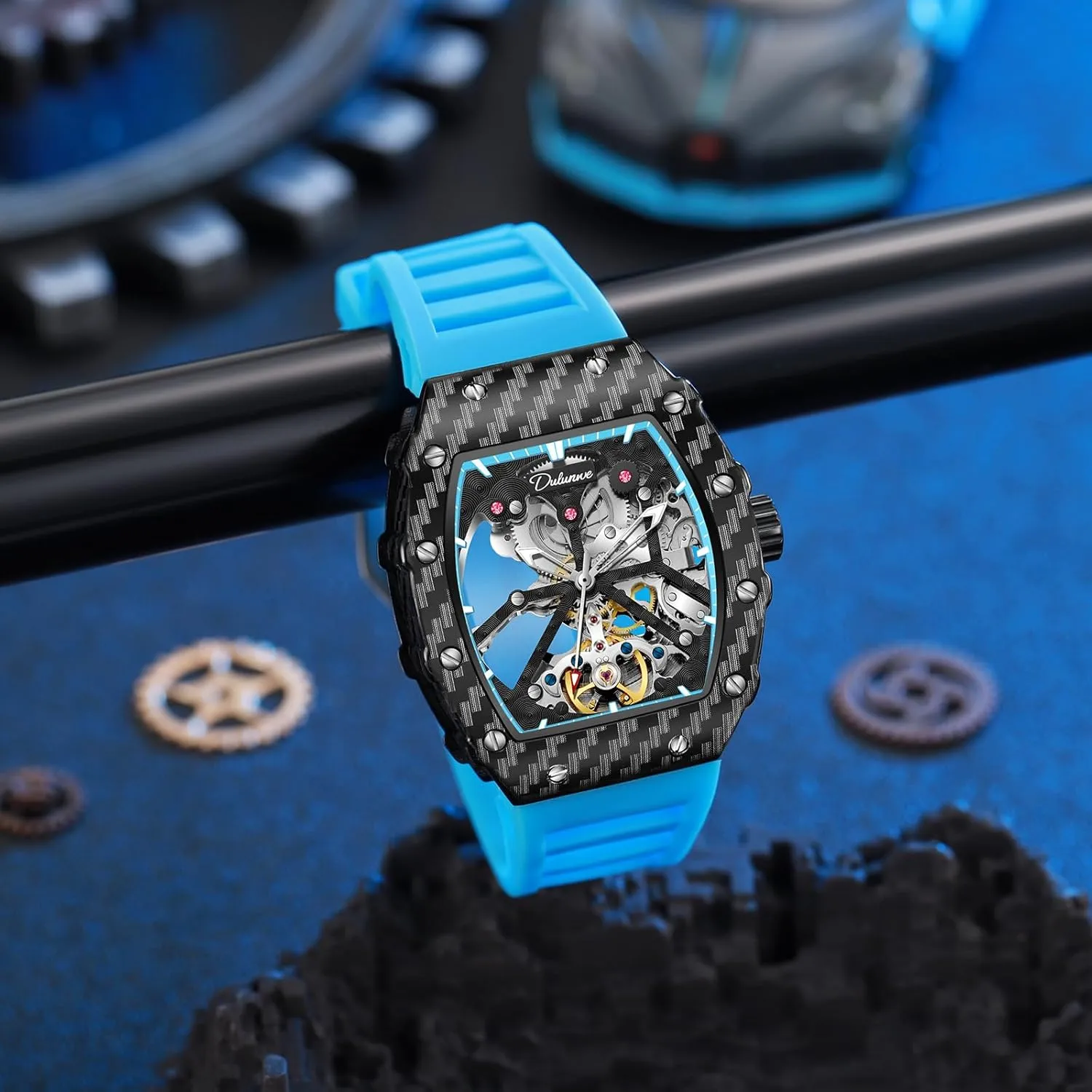 Silicone Band committee unread belie Big Face Waterproof Hollow Casual Cool Wrist Watch for Men CARLIEN Mens Fashion Automatic Skeleton Luminous Tonneau Watch 