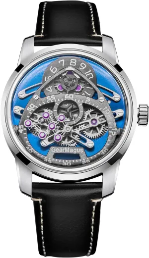 Silver Case, Black Leather plank Band, Purple Jewel Bearings X GearMagus Skeleton Mechanical Watch, 