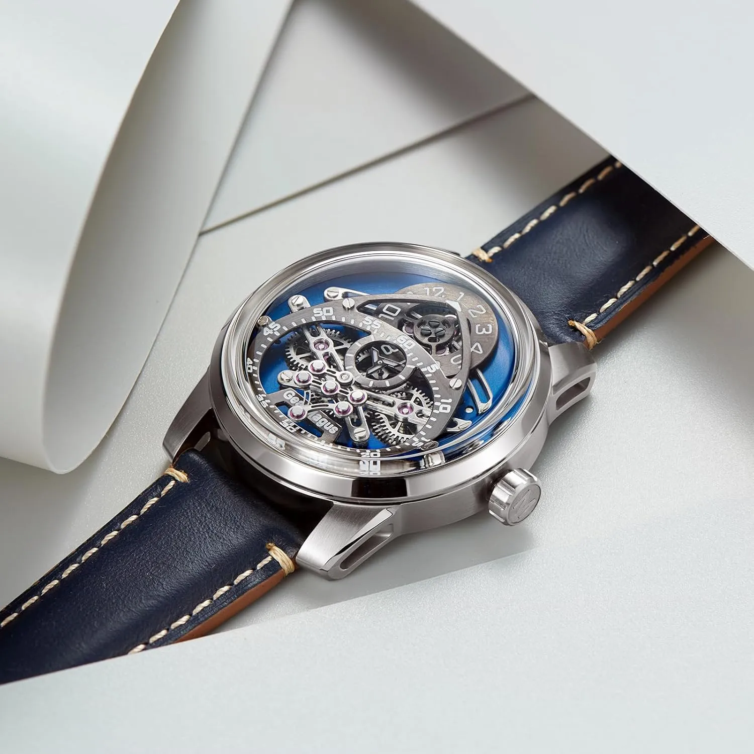 Silver Case, Black Leather plank Band, Purple Jewel Bearings X GearMagus Skeleton Mechanical Watch, 