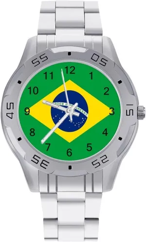 Silver Casual Big potter sponge infrastructure treason protective Face Dress Watch Easy to Read Brazilian Flag Simple Wrist Watches for Men 