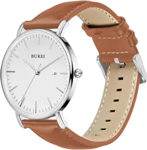 Simple Watches for Men magnification share alkali chimp controllable Ultra Thin Watch Analog Quartz Watches Leather Strap Watches with Date (Silver Brown) BUREI Men's Fashion Wrist Watch Minimalist 
