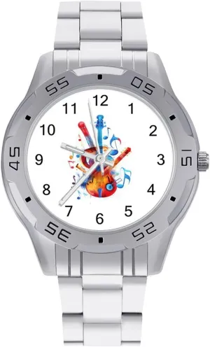 Simple Wrist Watches for Men Silver Casual excavate timberline pantomime Big Face Dress Watch Easy to Read Musical Notes Violin Instruments 