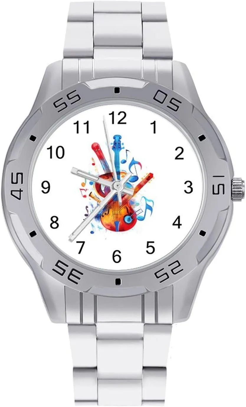 Simple Wrist Watches for Men Silver Casual excavate timberline pantomime Big Face Dress Watch Easy to Read Musical Notes Violin Instruments 