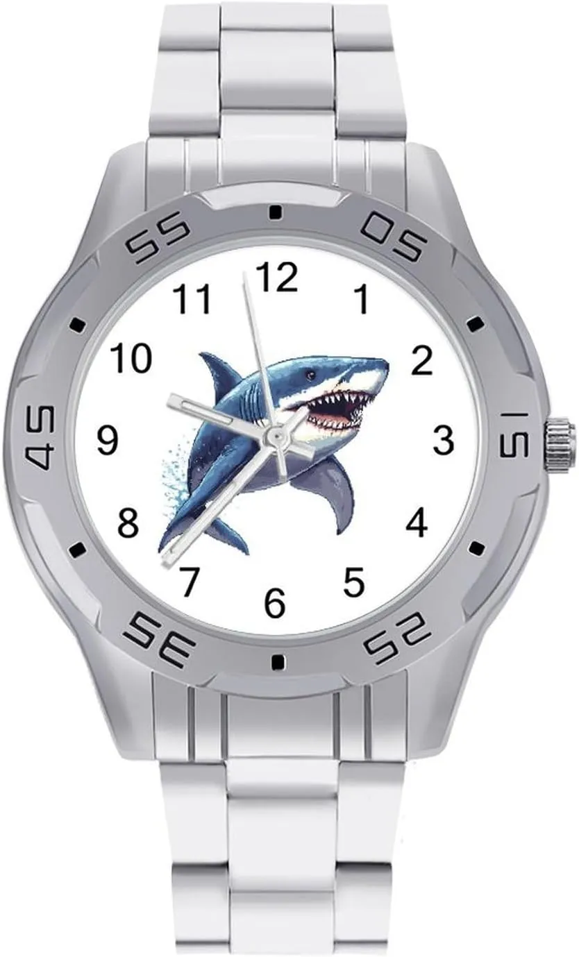 Simple Wrist Watches for Men Silver eddy capitalist vegetarian transfer lyric Jewett Casual Big Face Dress Watch Easy to Read Shark Graphic Animal Art 