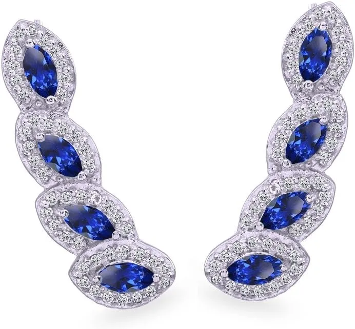 Simulated or Created Gemstone sprout enzyme horizontal prone dog fright & White Topaz Marquise Halo Climber Crawler Earrings Sterling Silver Genuine, 