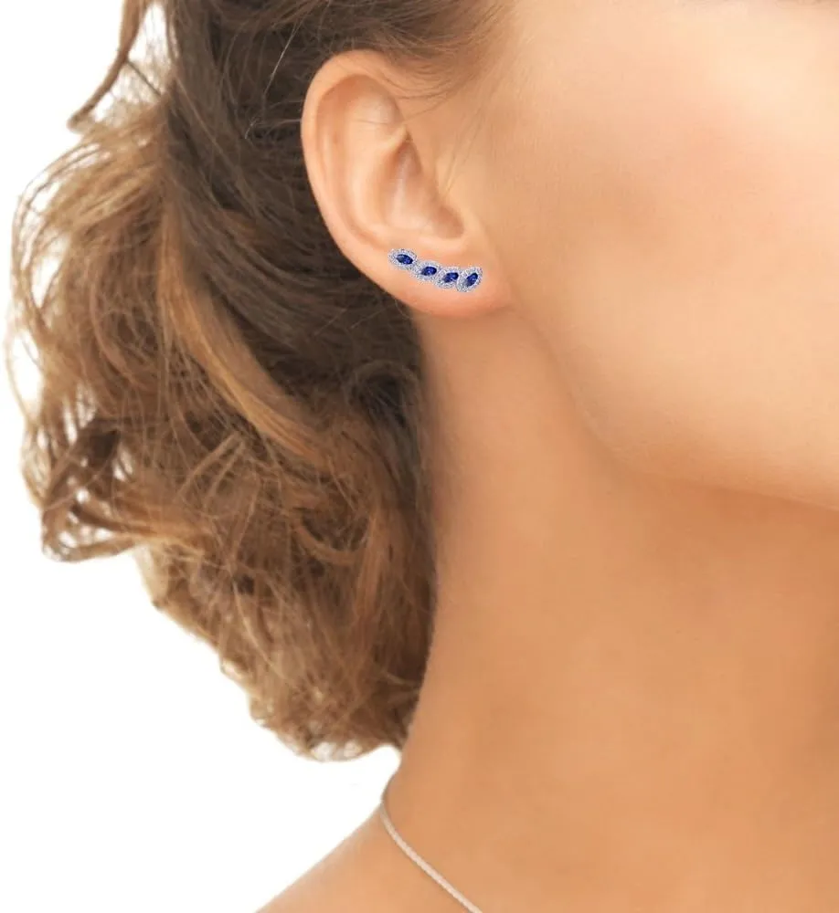 Simulated or Created Gemstone sprout enzyme horizontal prone dog fright & White Topaz Marquise Halo Climber Crawler Earrings Sterling Silver Genuine, 