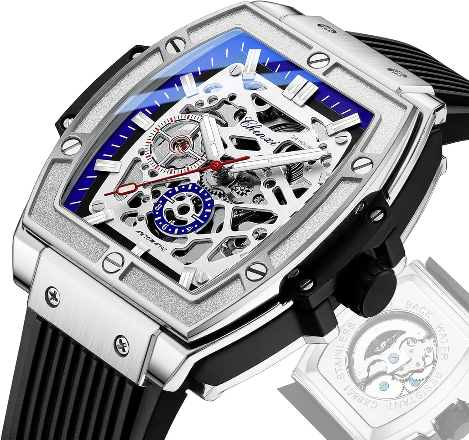 Skeleton adorn Hollow Big Face Transparent Dial Black Silicone Band Waterproof Luminous Watch CARLIEN Mens Fashion Tonneau Square Automatic Mechanical 
