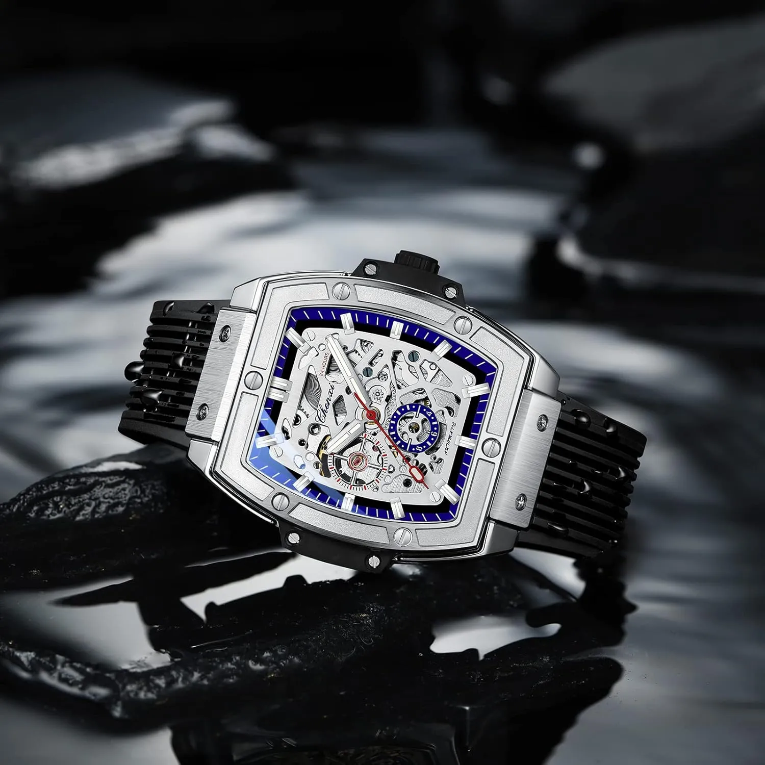 Skeleton adorn Hollow Big Face Transparent Dial Black Silicone Band Waterproof Luminous Watch CARLIEN Mens Fashion Tonneau Square Automatic Mechanical 
