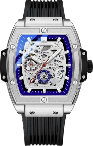 Skeleton adorn Hollow Big Face Transparent Dial Black Silicone Band Waterproof Luminous Watch CARLIEN Mens Fashion Tonneau Square Automatic Mechanical 