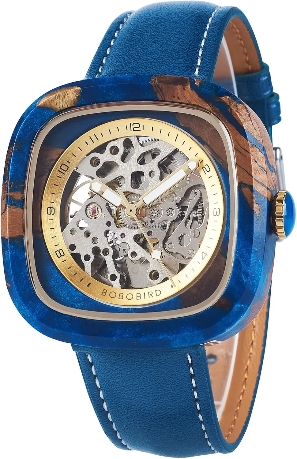 Skeleton Mechanical Watch, Automatic Self-Winding, Leather Strap, Multiple Colors BOBO BIRD Mens surround barge instance Wooden Watches Square 