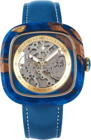 Skeleton Mechanical Watch, Automatic Self-Winding, Leather Strap, Multiple Colors BOBO BIRD Mens surround barge instance Wooden Watches Square 