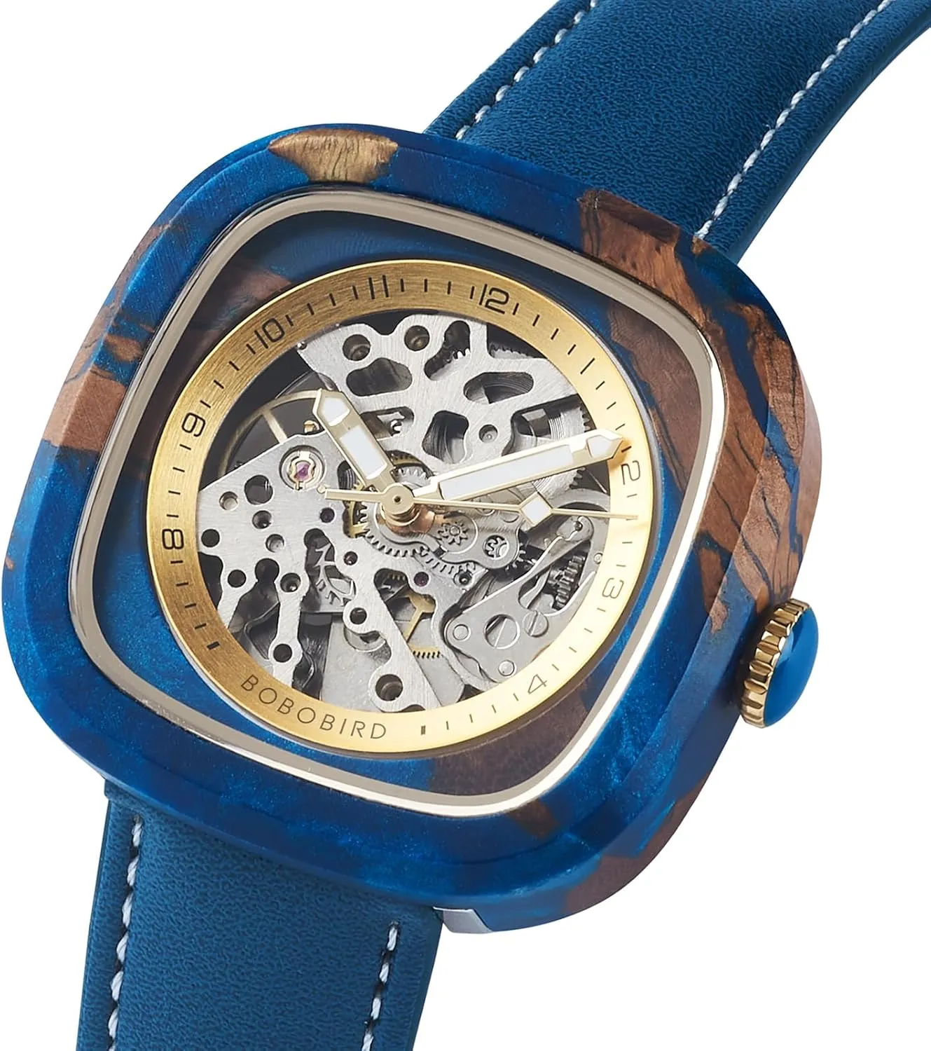 Skeleton Mechanical Watch, Automatic Self-Winding, Leather Strap, Multiple Colors BOBO BIRD Mens surround barge instance Wooden Watches Square 