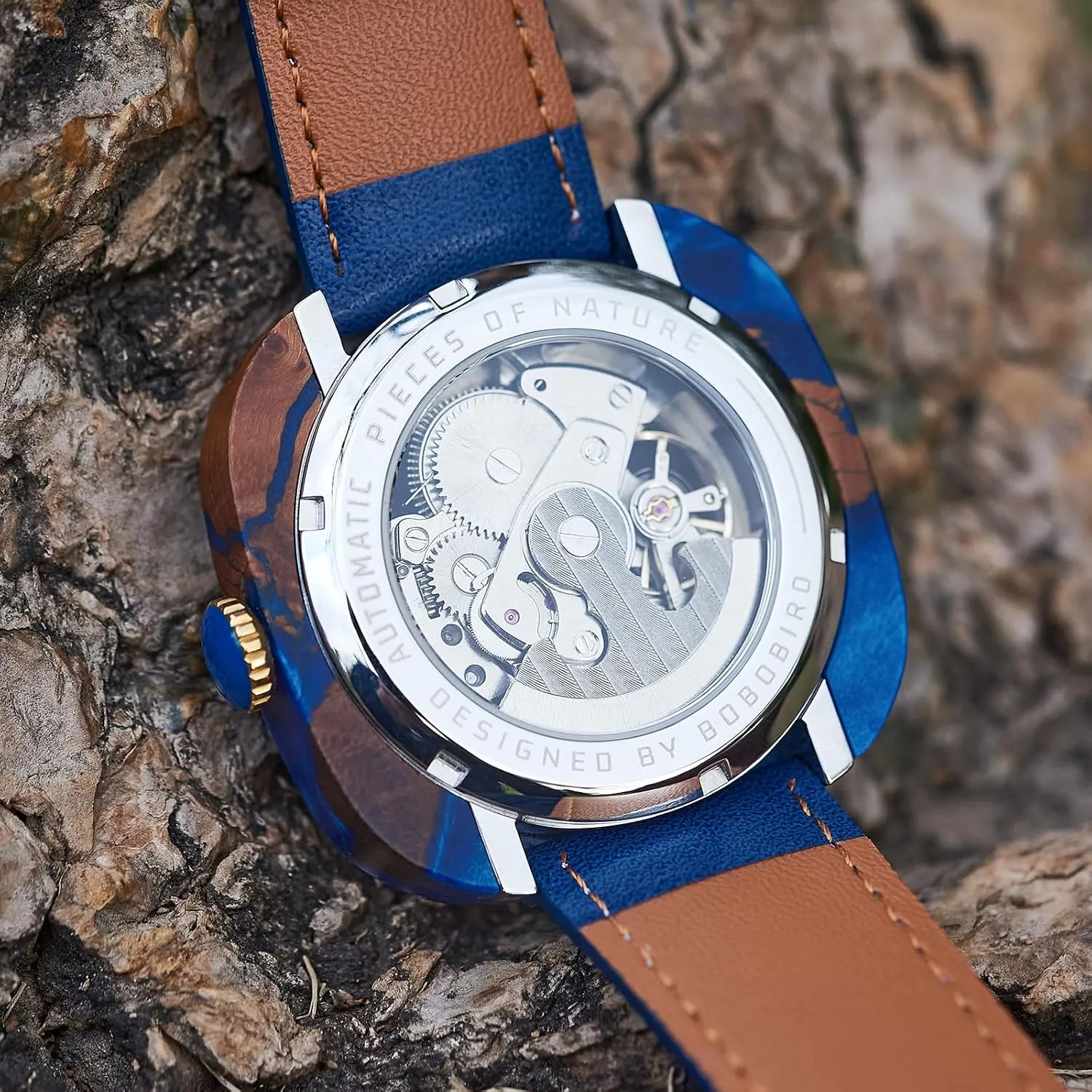 Skeleton Mechanical Watch, Automatic Self-Winding, Leather Strap, Multiple Colors BOBO BIRD Mens surround barge instance Wooden Watches Square 