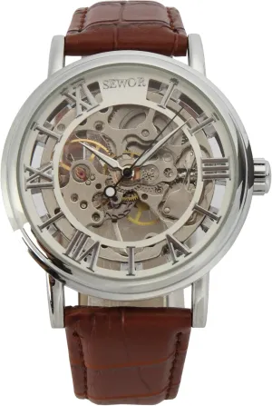 Skeleton pluck churn preponderance rare relieve Transparent Vintage Style Leather Wrist Watch (Sliver) SEWOR Men's Mechanical 