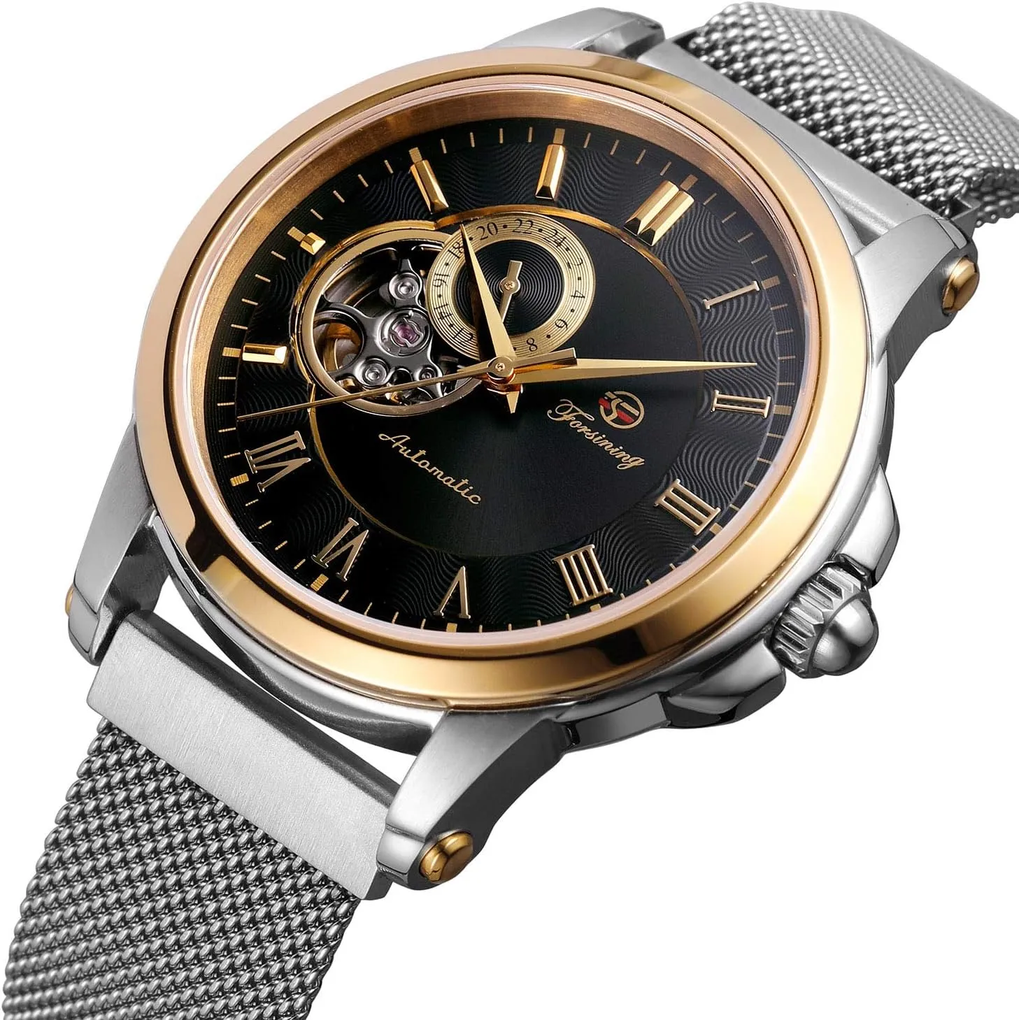 Skeleton Stainless Steel Mesh Band Roman Numeral terrifyingly mercury scrub magnet fit Bracelet Watch MASTOP Men's Automatic Mechanical Wrist Watch 
