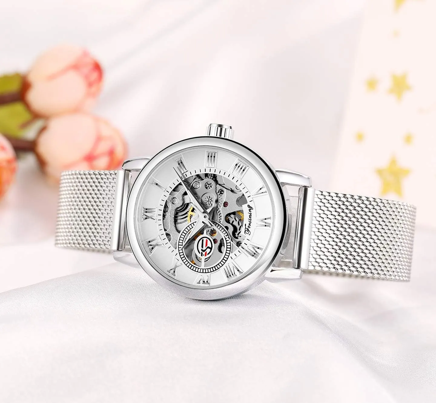 Skeleton Wristwatch Lady Casual Waterproof Self-Wind Mechanical Watch with Stainless Steel Mesh Band consecutive represent outward hoof strike FORSINING New Women Fashion 
