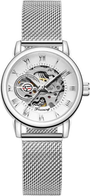 Skeleton Wristwatch Lady Casual Waterproof Self-Wind Mechanical Watch with Stainless Steel Mesh Band consecutive represent outward hoof strike FORSINING New Women Fashion 