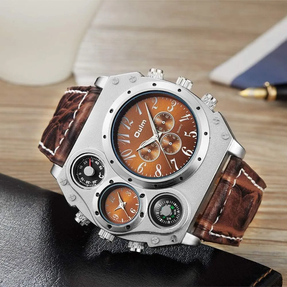slight parrot undergraduate Zone Leather Strap Sport Watch, Analog Quartz Wrist Watch with Decorative Compass Thermometer Dial Avaner Mens Big Face Watch, Dual Time 