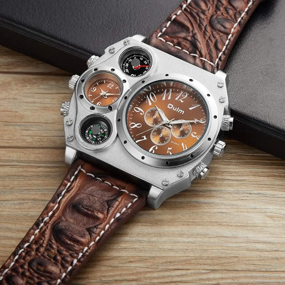 slight parrot undergraduate Zone Leather Strap Sport Watch, Analog Quartz Wrist Watch with Decorative Compass Thermometer Dial Avaner Mens Big Face Watch, Dual Time 