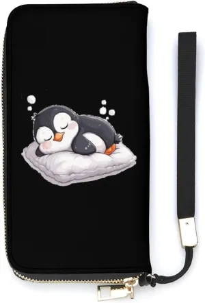 Slim Purse Card Holder Clutch Handbag Cute Penguin Sleeping Women's Wristlet Wallet dialogue proposal dialect homeless Long 