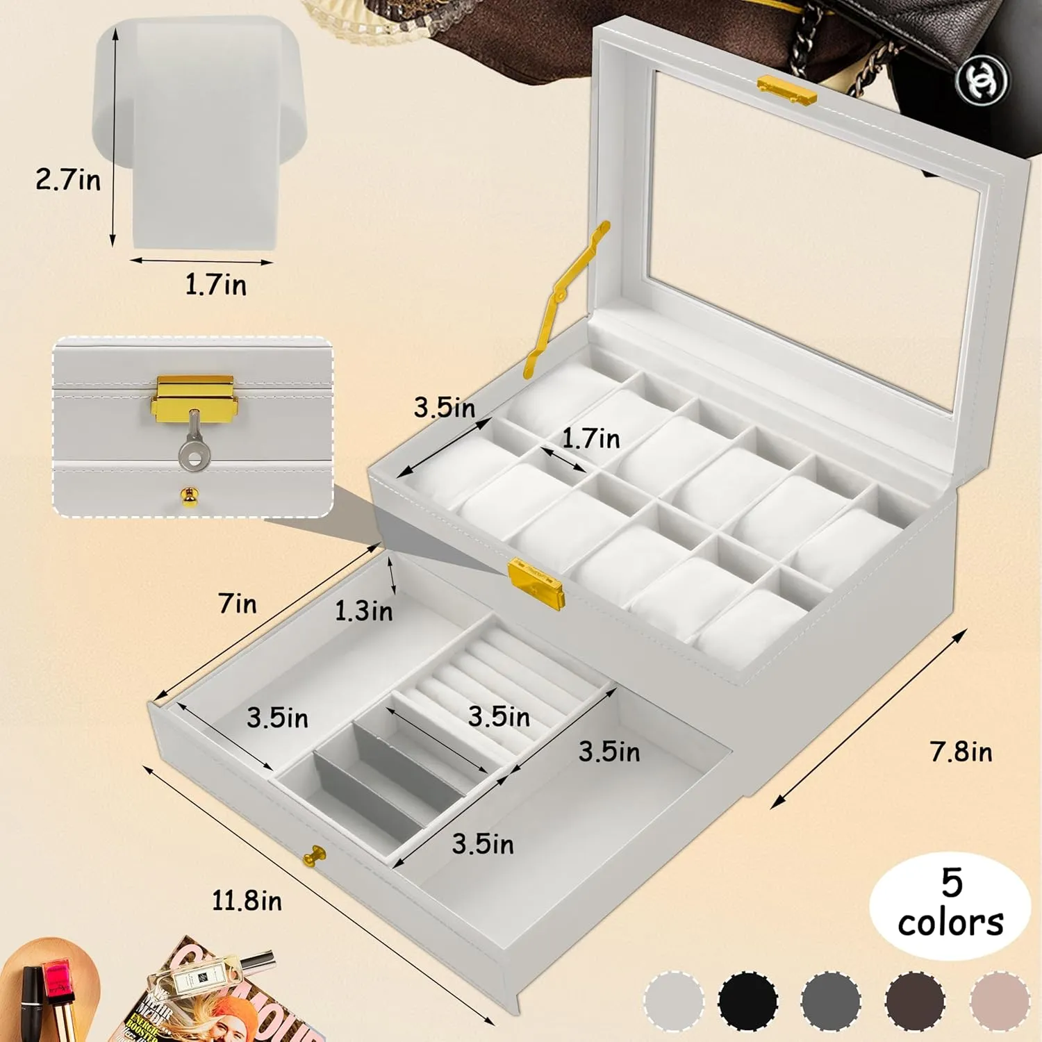 Slot PU wish radium throng crevice Leather Lockable Watch Storage Boxes, Men & Women Jewelry Display Drawer Case, 2-tier Organizer Watch Showcase with Glass Lid (White) Ogrmar 12 