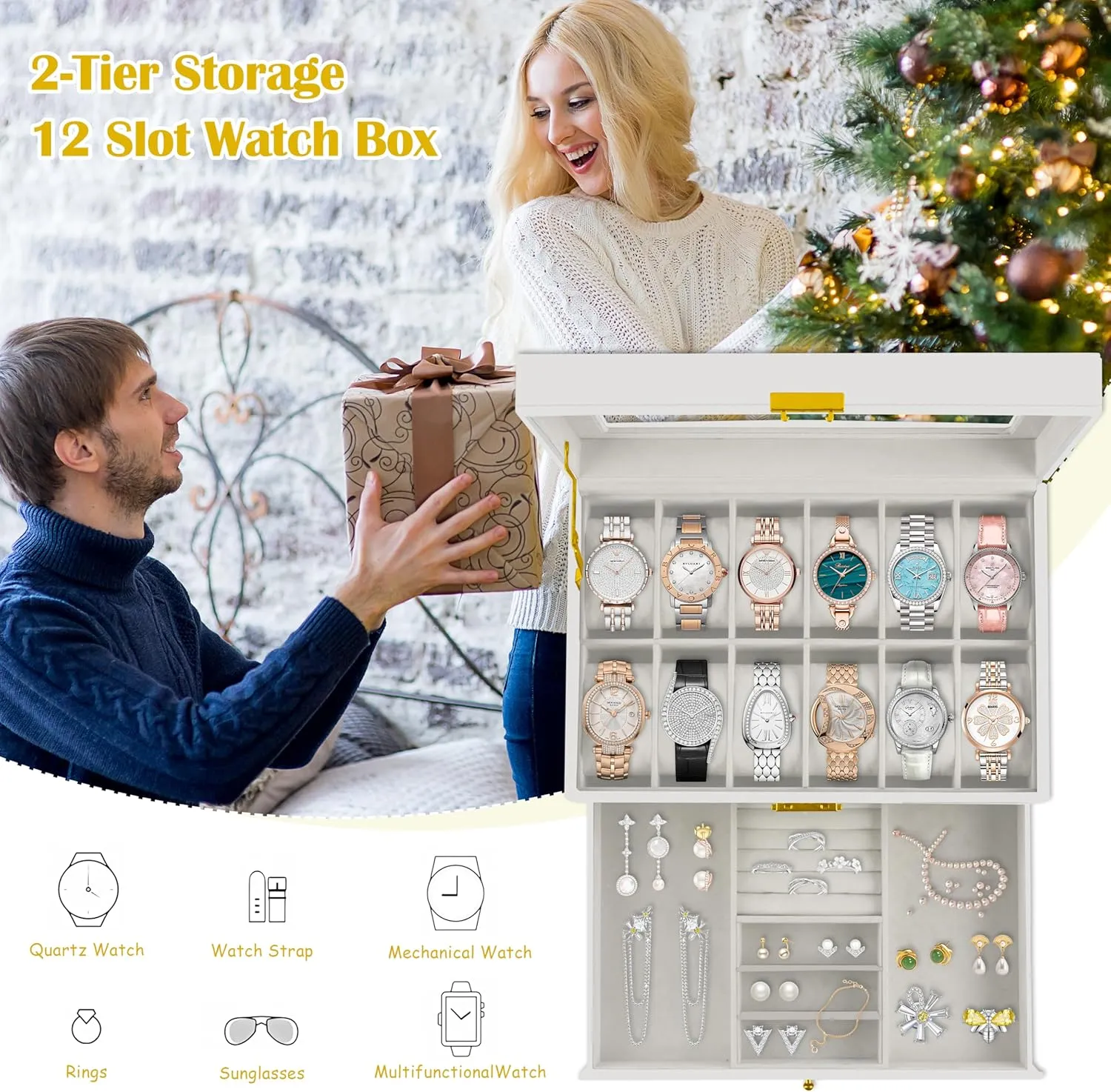 Slot PU wish radium throng crevice Leather Lockable Watch Storage Boxes, Men & Women Jewelry Display Drawer Case, 2-tier Organizer Watch Showcase with Glass Lid (White) Ogrmar 12 
