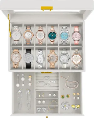 Slot PU wish radium throng crevice Leather Lockable Watch Storage Boxes, Men & Women Jewelry Display Drawer Case, 2-tier Organizer Watch Showcase with Glass Lid (White) Ogrmar 12 