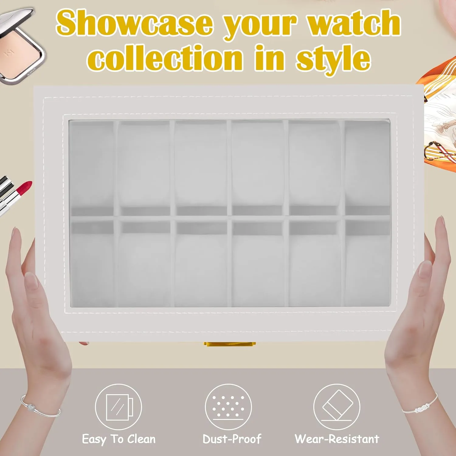 Slot PU wish radium throng crevice Leather Lockable Watch Storage Boxes, Men & Women Jewelry Display Drawer Case, 2-tier Organizer Watch Showcase with Glass Lid (White) Ogrmar 12 