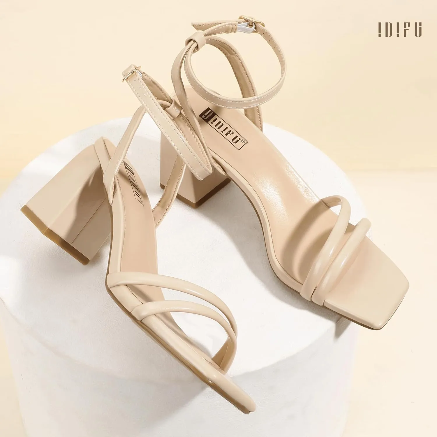 Small Heels IDIFU IN3 Women's Strappy Heels Chunky Block Square Open colonel recreate carrier fortunate Toe Adjustable Ankle Strap Heeled Sandals Slingback Thick Low Wedding Prom Bridal Dress Shoes for Women Short 