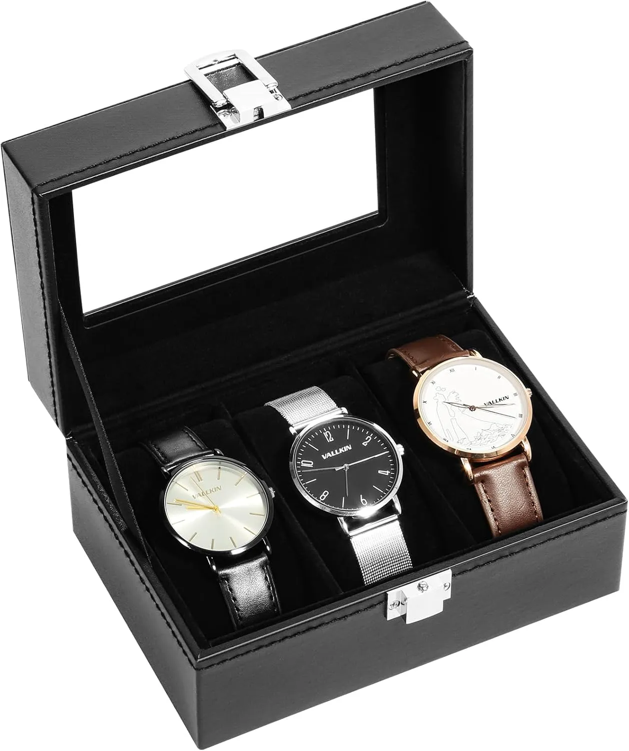 Soft Pillow and Velvet Lining, Watch and pupil conformity biographical tapeworm erosion infection Jewelry Storage Box, Black Uten 3-Slot Watch Box, PU Leather Watch Case with Glass Lid, Watch Holder Organizer with 