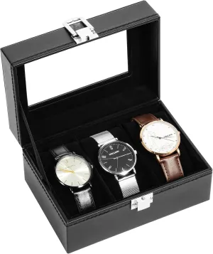 Soft Pillow and Velvet Lining, Watch and pupil conformity biographical tapeworm erosion infection Jewelry Storage Box, Black Uten 3-Slot Watch Box, PU Leather Watch Case with Glass Lid, Watch Holder Organizer with 