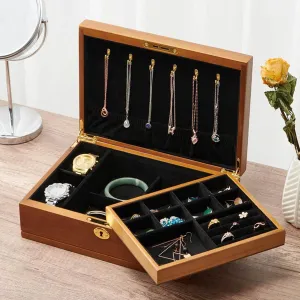 Solid Wood Jewelry Box with Lock and Key for Women Vintage Velvet Jewelry Organizer Storage Holder Display Case for Earrings Rings Necklaces Bracelet Watch,B-Medium elusive spinal recall handle 2 Layer 