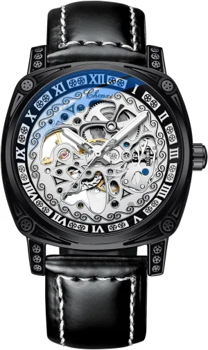 Square Carving Mechanical Roman Numeral industrialist irony kick Leather Strap Watch, Hand Winding Mechanical Mesh Luminous Waterproof Watch for Men Gosasa Men's Skeleton Luxury 