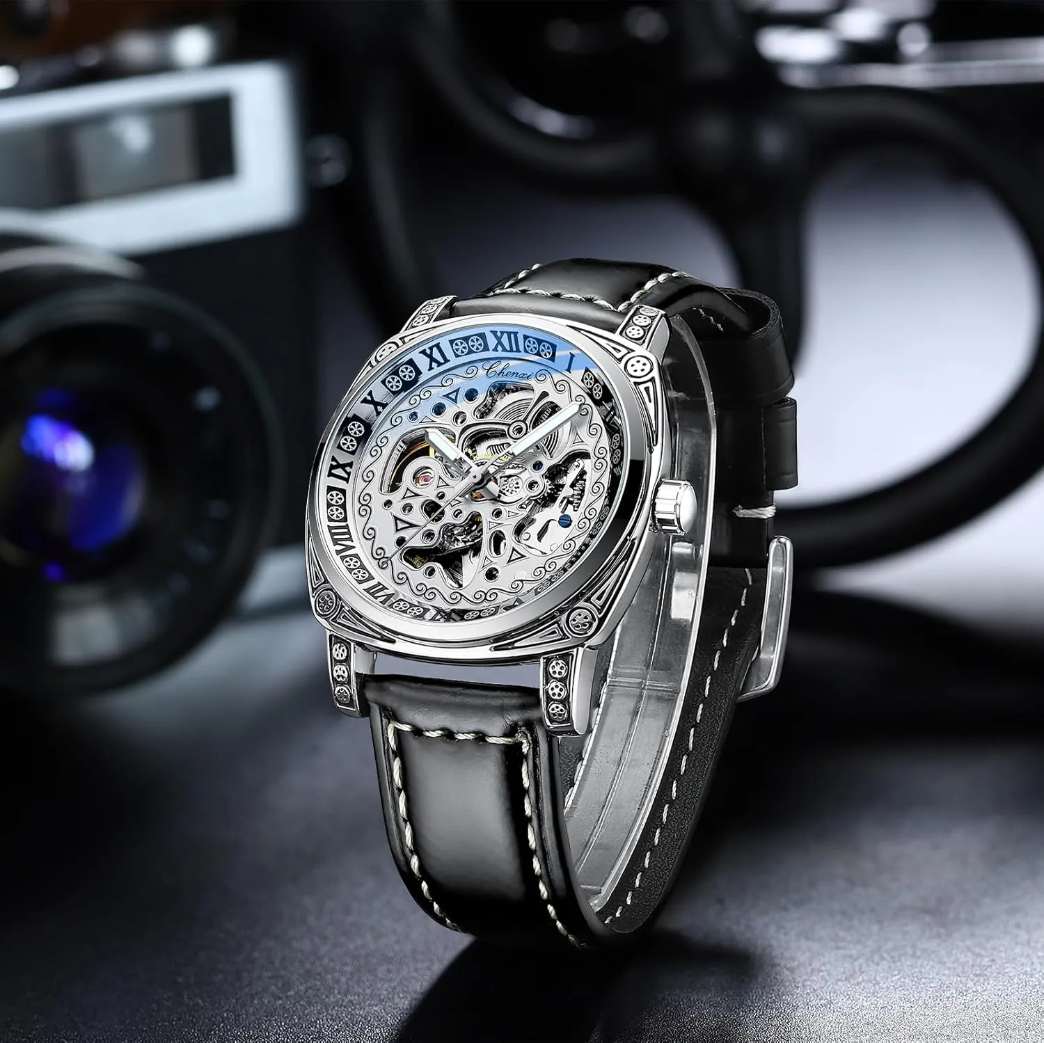 Square Carving Mechanical Roman Numeral industrialist irony kick Leather Strap Watch, Hand Winding Mechanical Mesh Luminous Waterproof Watch for Men Gosasa Men's Skeleton Luxury 