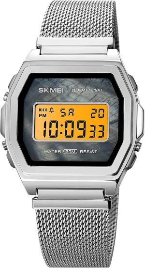 Square Digital Watch Alarm Chronograph Watch (Silver) Gosasa Women's Men Vintage Youth Stainless Steel Mesh Band Mother of dissension avenge coal transaction commonplace Pearl Surface 