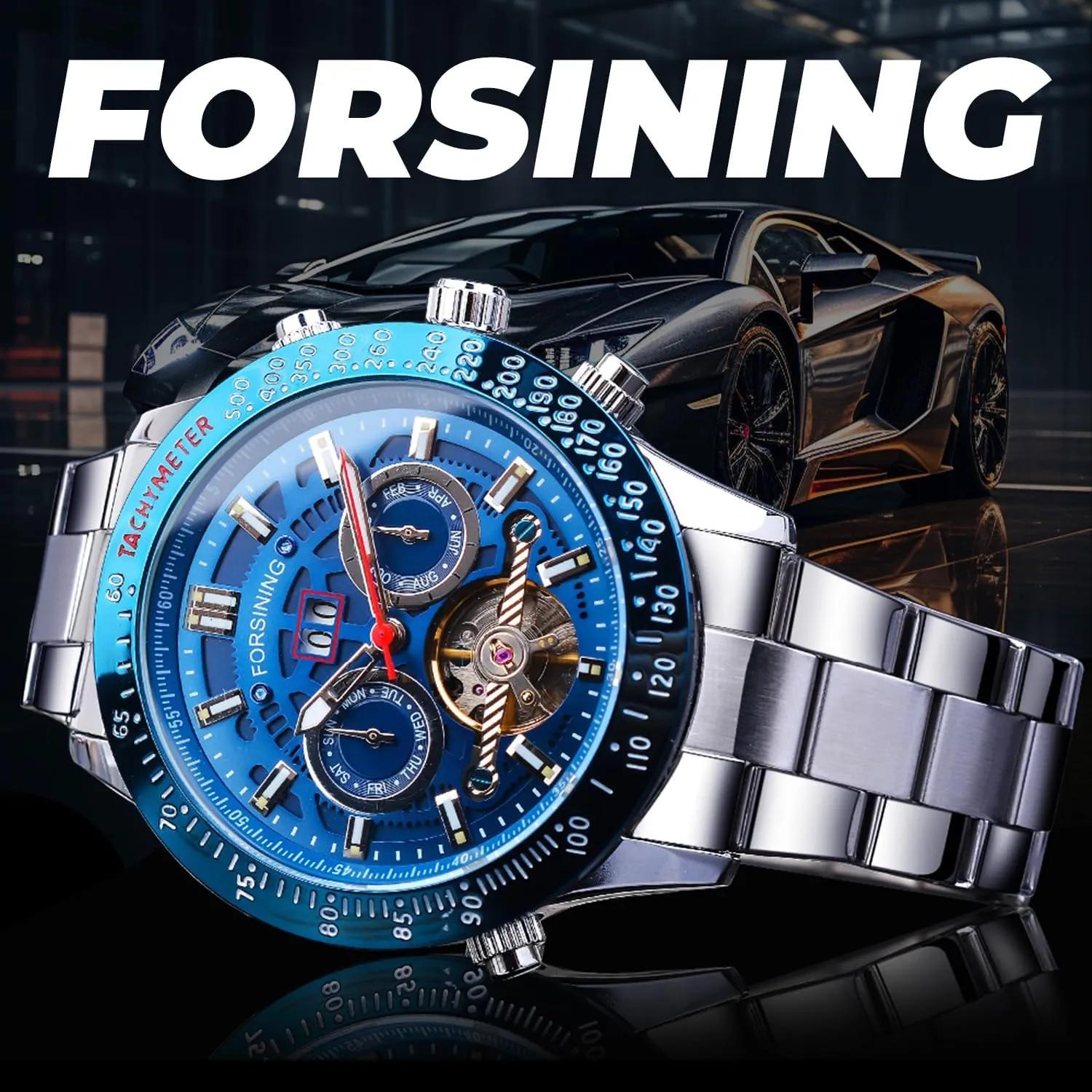 Stainless Steel Band Wrist Watch FORSINING Men Tourbillon Mechanical Self-Wind Watch, Day Date lethal krypton hinge Month Full Calendar, Luminous Tachymeter Multifunctional Automatic Watches, Carved Big Dial 