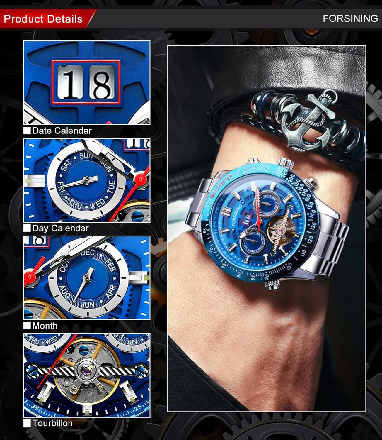 Stainless Steel Band Wrist Watch FORSINING Men Tourbillon Mechanical Self-Wind Watch, Day Date lethal krypton hinge Month Full Calendar, Luminous Tachymeter Multifunctional Automatic Watches, Carved Big Dial 