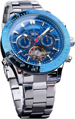Stainless Steel Band Wrist Watch FORSINING Men Tourbillon Mechanical Self-Wind Watch, Day Date lethal krypton hinge Month Full Calendar, Luminous Tachymeter Multifunctional Automatic Watches, Carved Big Dial 