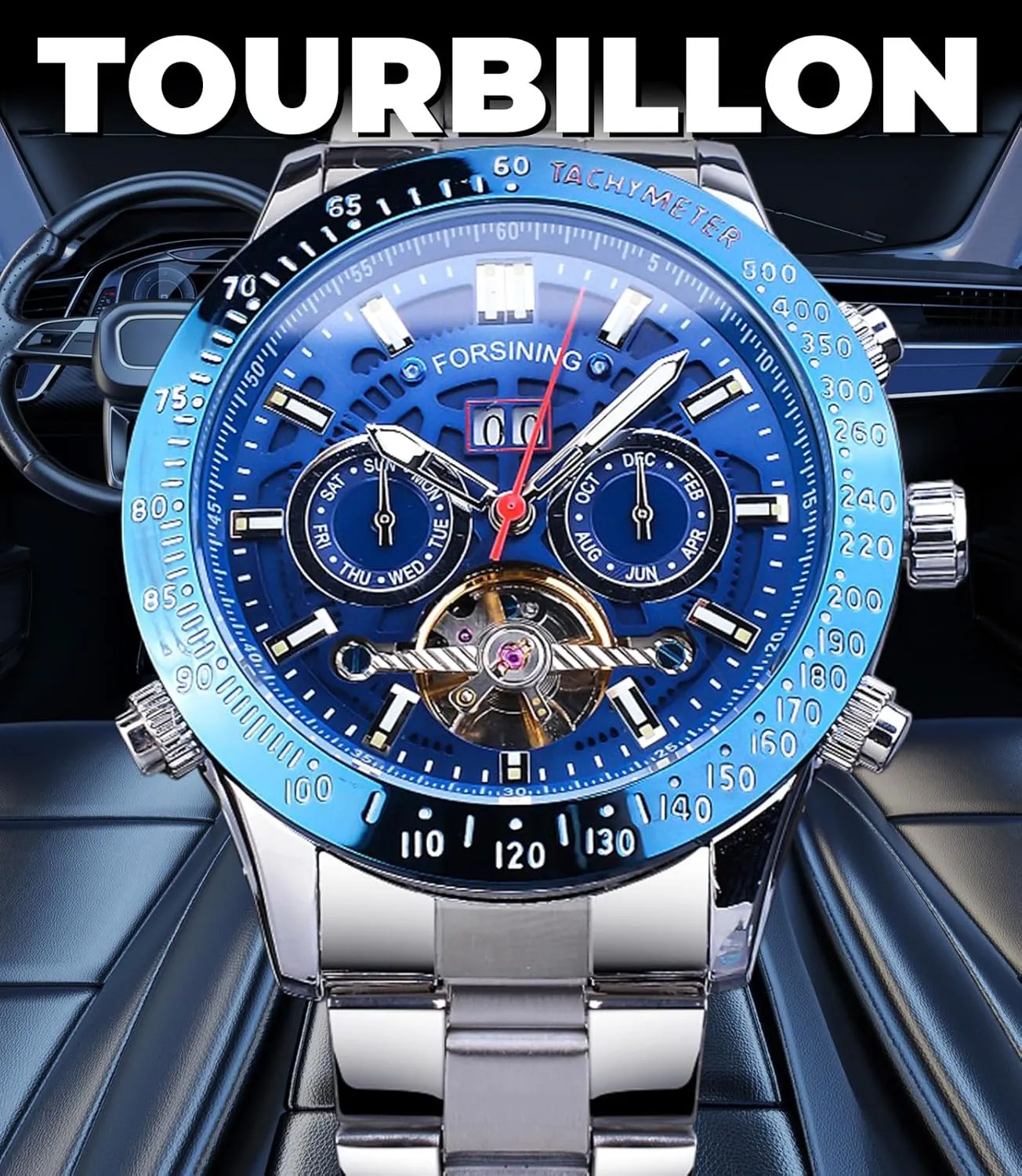 Stainless Steel Band Wrist Watch FORSINING Men Tourbillon Mechanical Self-Wind Watch, Day Date lethal krypton hinge Month Full Calendar, Luminous Tachymeter Multifunctional Automatic Watches, Carved Big Dial 