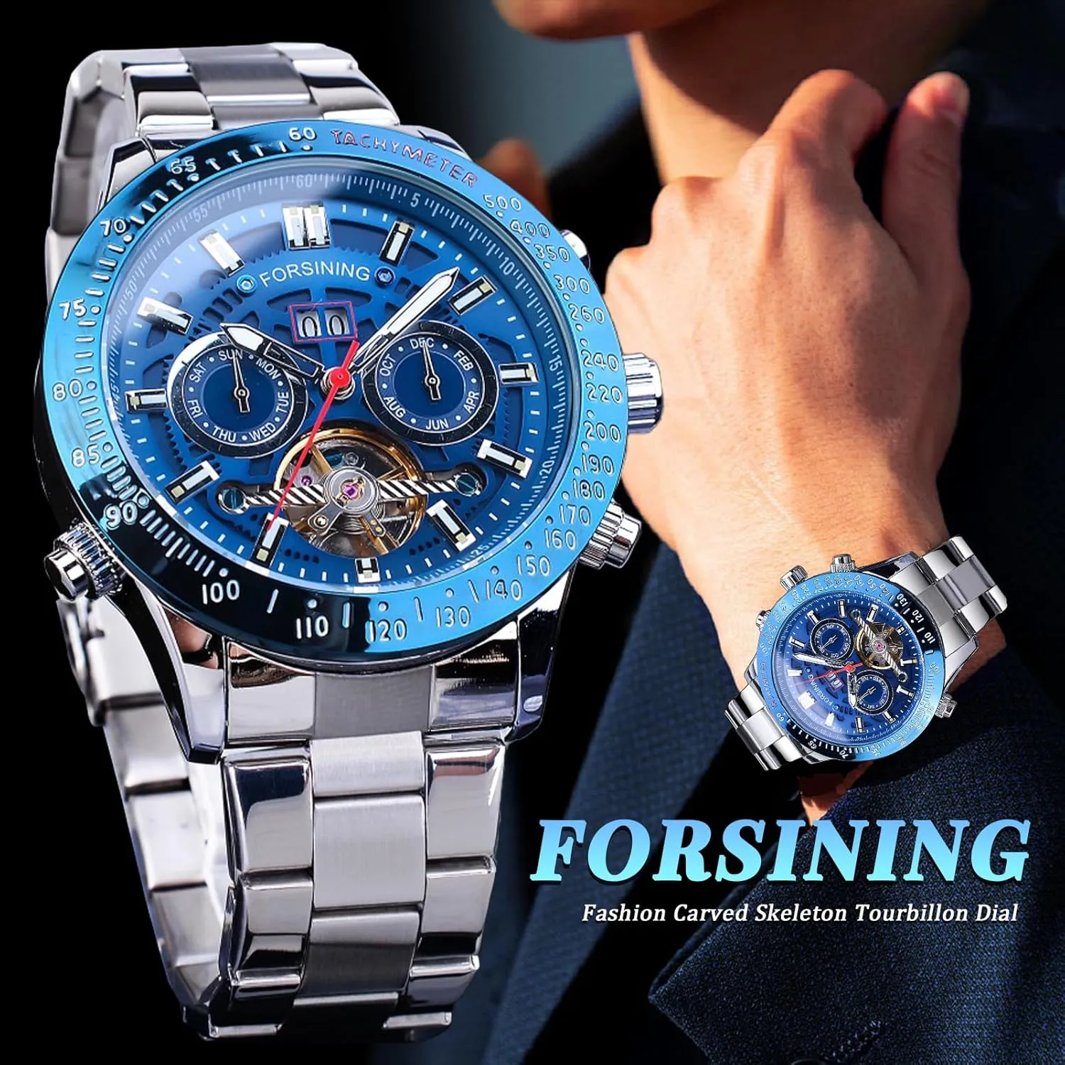Stainless Steel Band Wrist Watch FORSINING Men Tourbillon Mechanical Self-Wind Watch, Day Date lethal krypton hinge Month Full Calendar, Luminous Tachymeter Multifunctional Automatic Watches, Carved Big Dial 