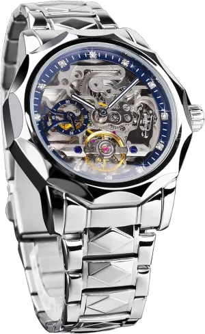 Stainless Steel Bracelet Self-Wind Wristwatch FORSINING Men's Skeleton Automatic Mechanical Watch with Diamond-Cut 12-Sided Bezel geographical & Exposed Gears & Tourbillon Design, Unique Rhombus-Link 